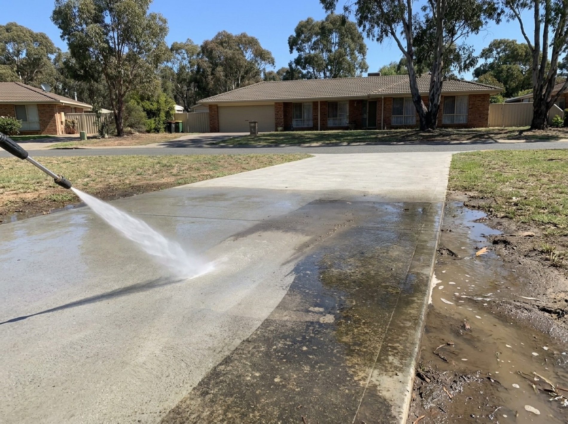 A driveway being washed in front of a brick home with gum trees behind