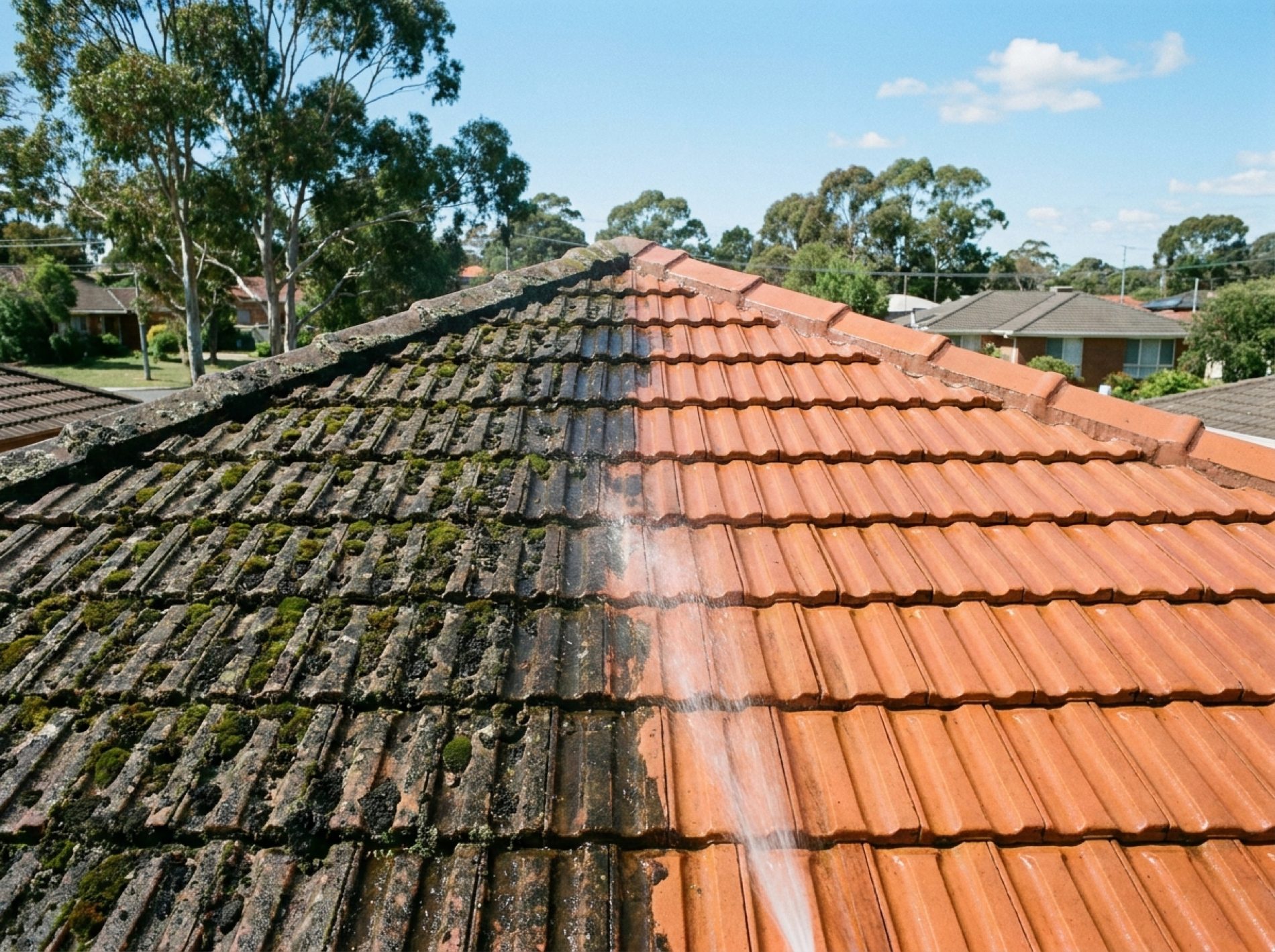 A dark roof being washed down with water
