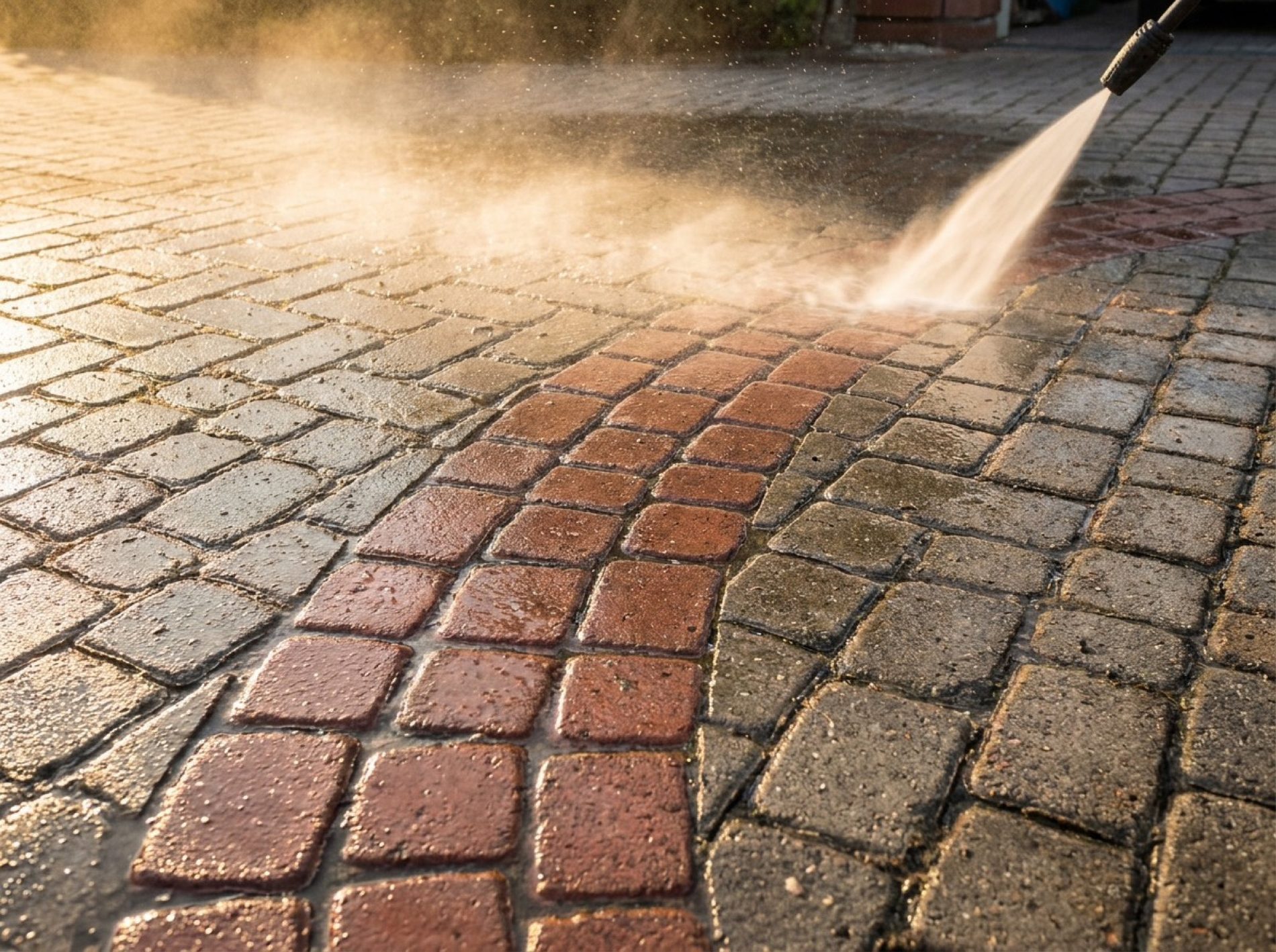 Water spraying across brick paving in warm light