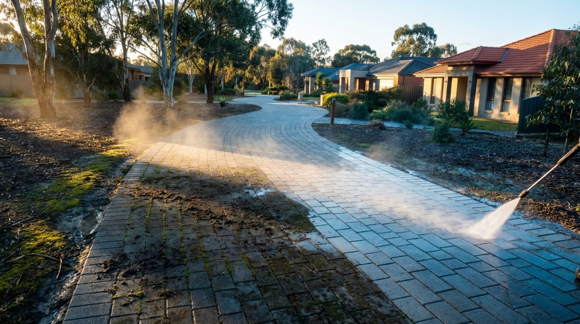 A paver path being washed on a tree-lined street