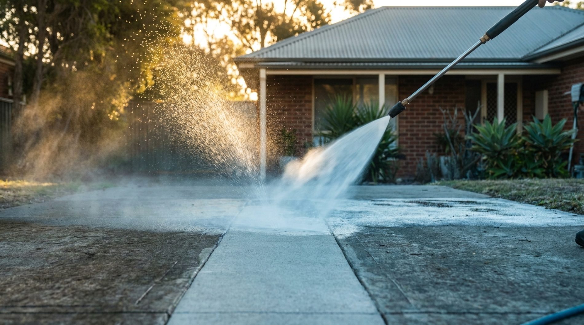 A fan of water washing a driveway in front of a brick home