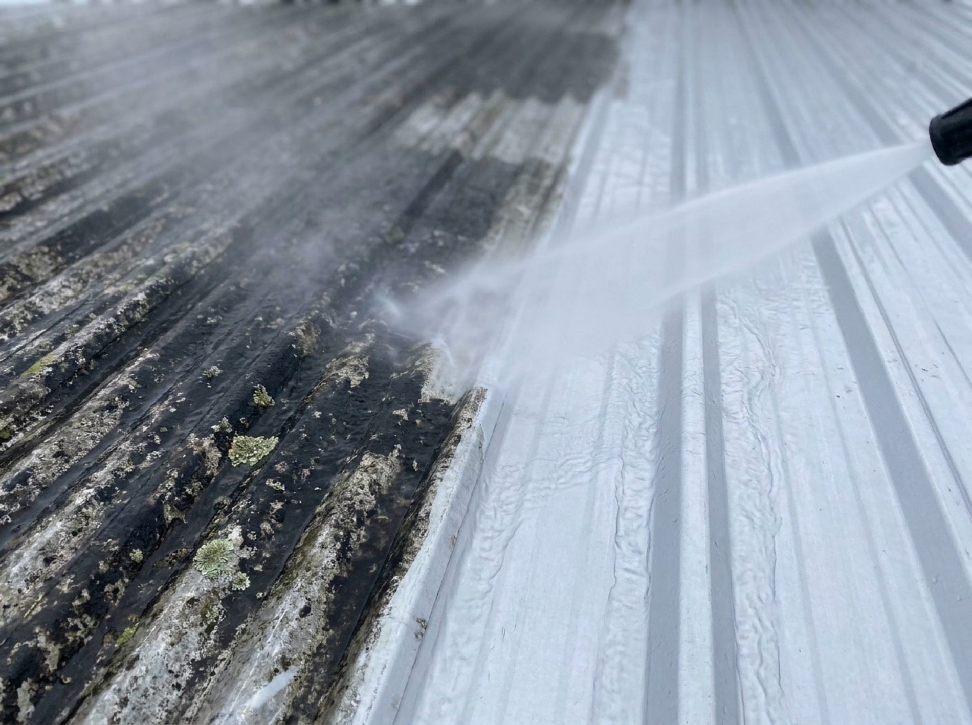 Water spraying across a dark mossy surface