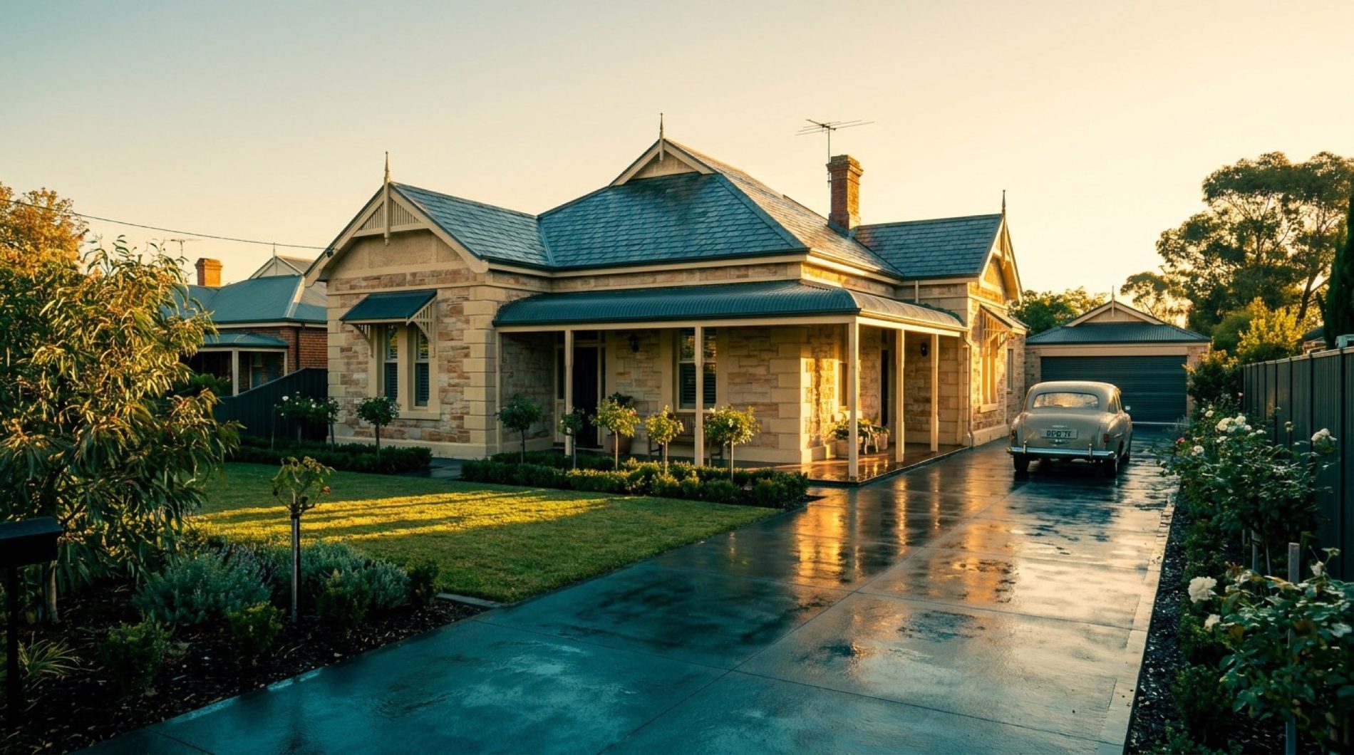 A washed driveway in front of an older Ballarat home at dusk
