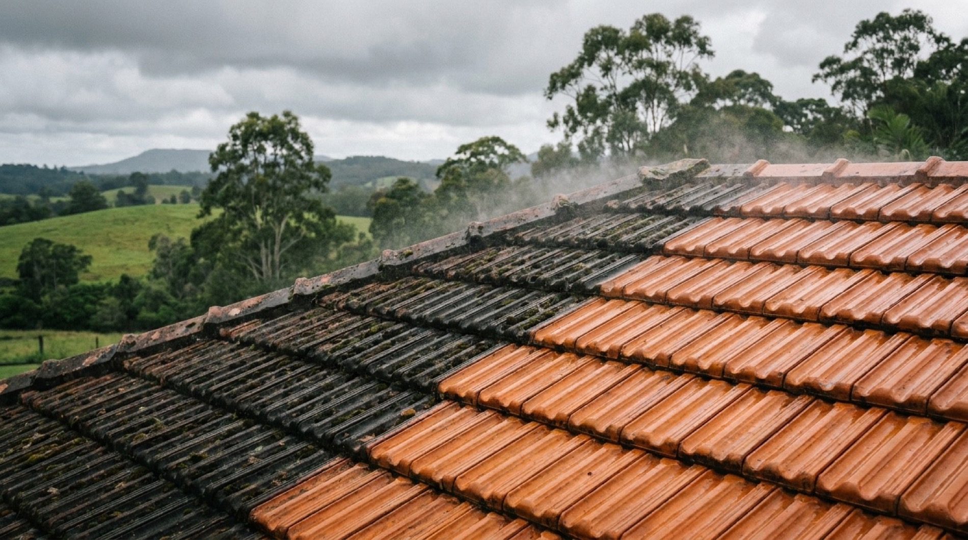A terracotta tile roof part way through a wash, with green hills behind