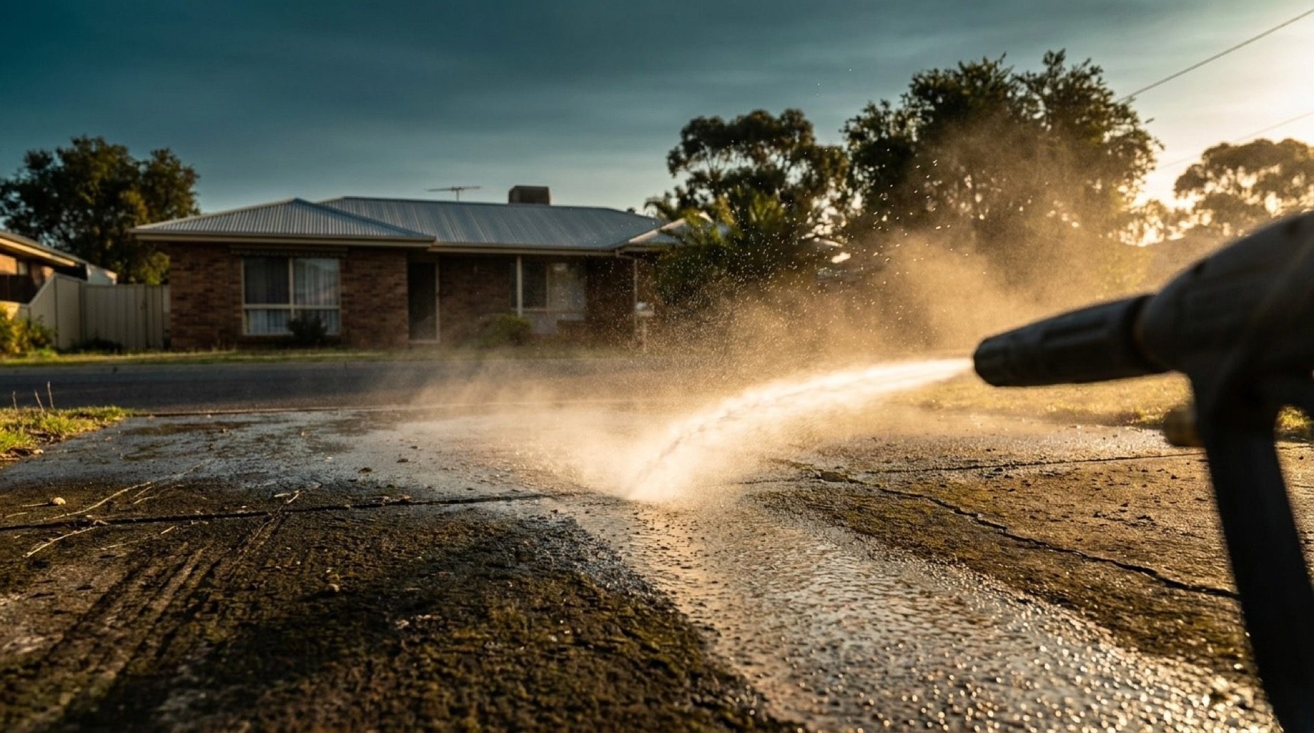 Water spraying across a hardstand in front of a brick building under a moody sky