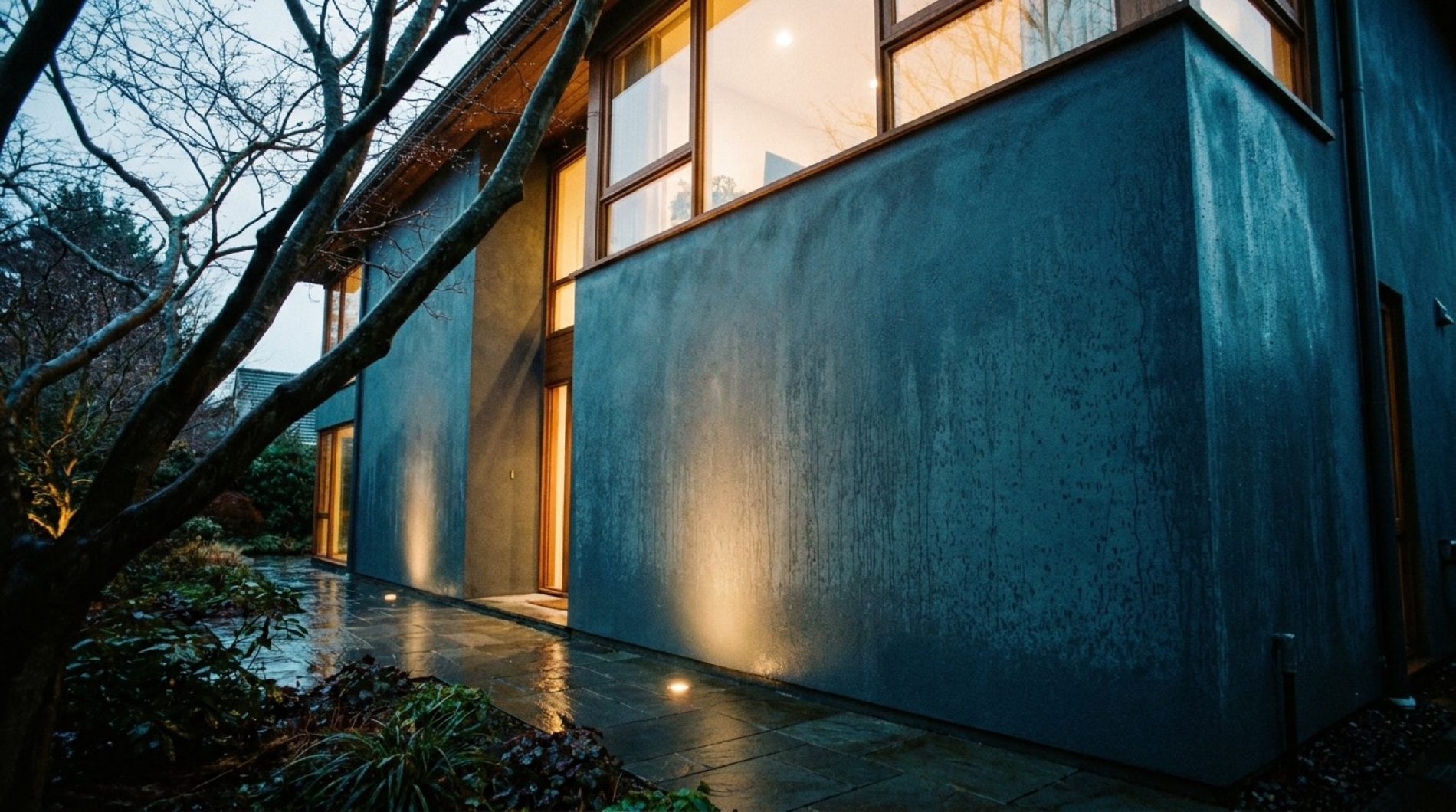 A washed exterior wall of a modern home lit at dusk