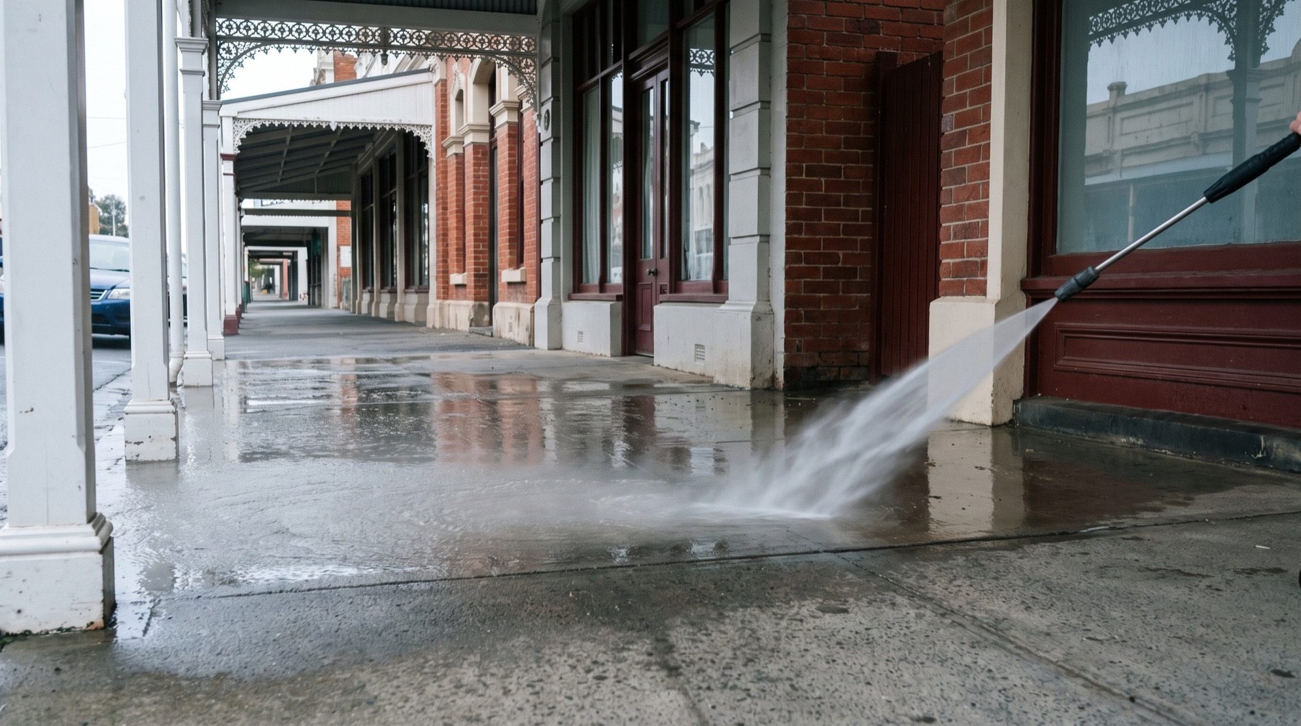 A shopfront verandah and footpath being washed on a Ballarat street