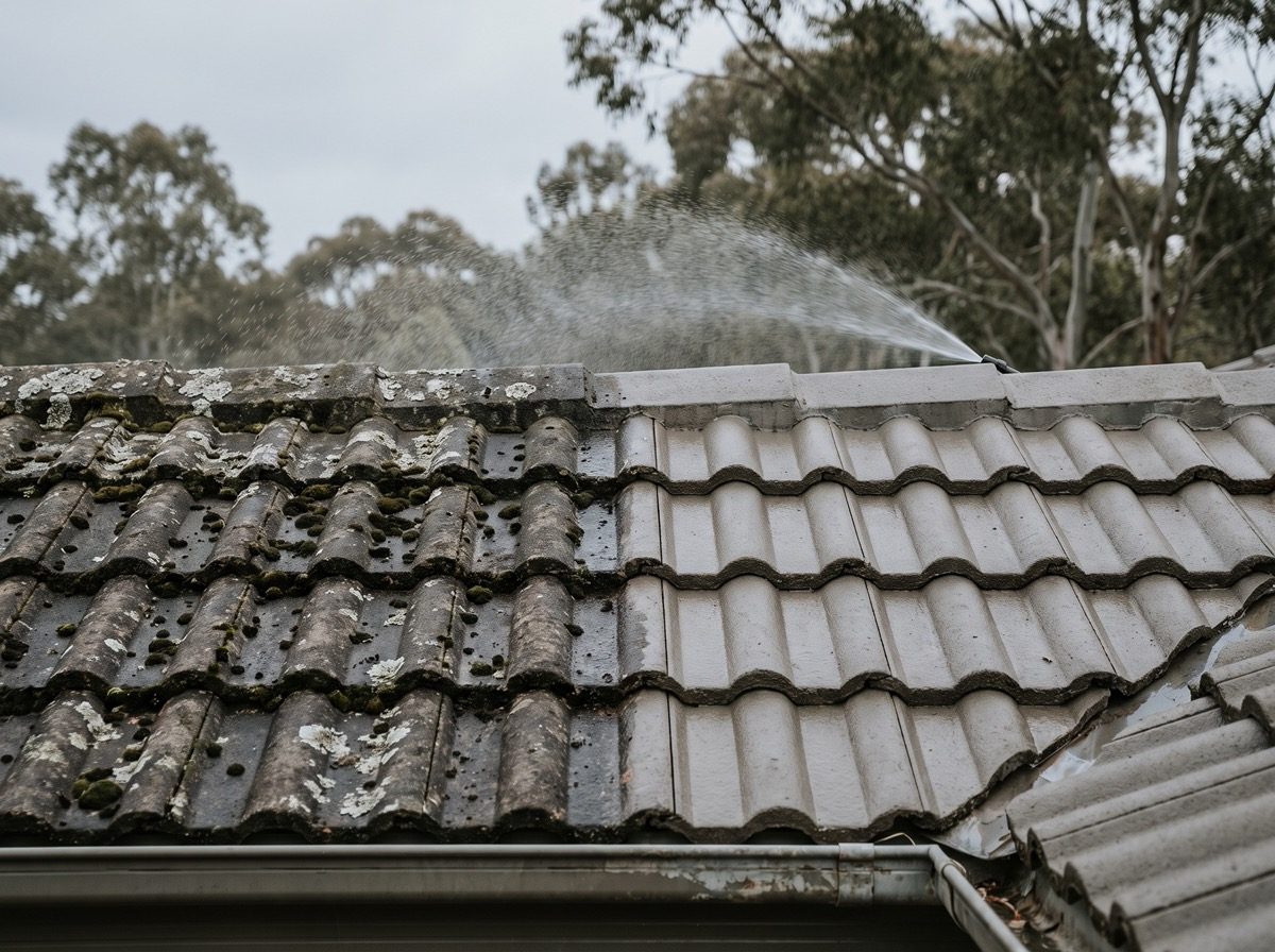 A concrete tile roof part way through a soft wash