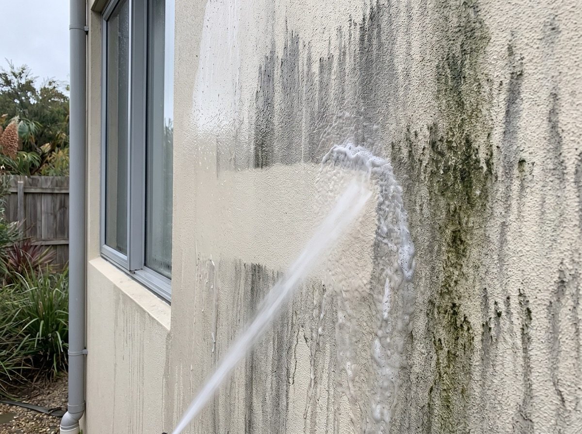 A rendered house wall being soft washed, mould streaks lifting away