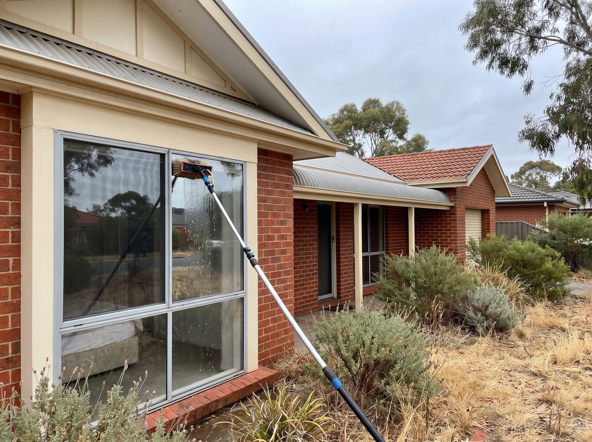 A water-fed pole brush cleaning a window on a red brick home