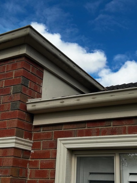 Gutters and eaves along the roofline of a red brick home